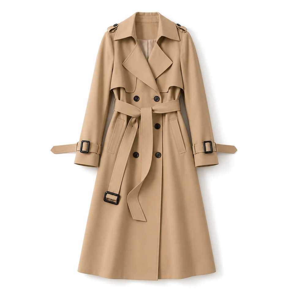 Coat Women Long Trench Double Breasted Belted Windbreaker Jacket Casual Fashion Outerwear Autumn Winter Classic British Style M260922