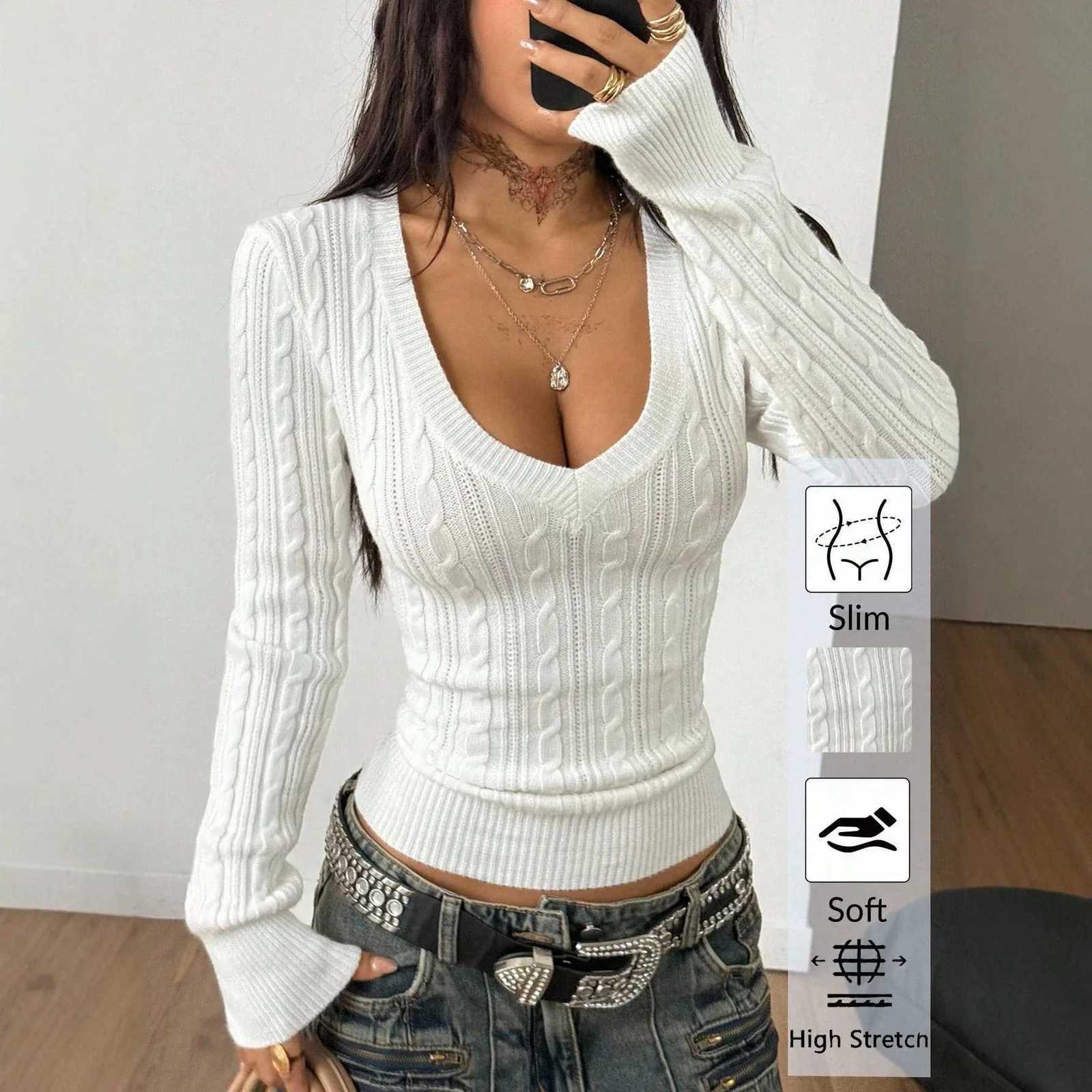 Women's Sweaters Pullovers Women Sweaters V Neck Full sleeve Sexy Solid Vintage Short Top Y2k Streetwear elegant Knit Casual Autumn Winter D260