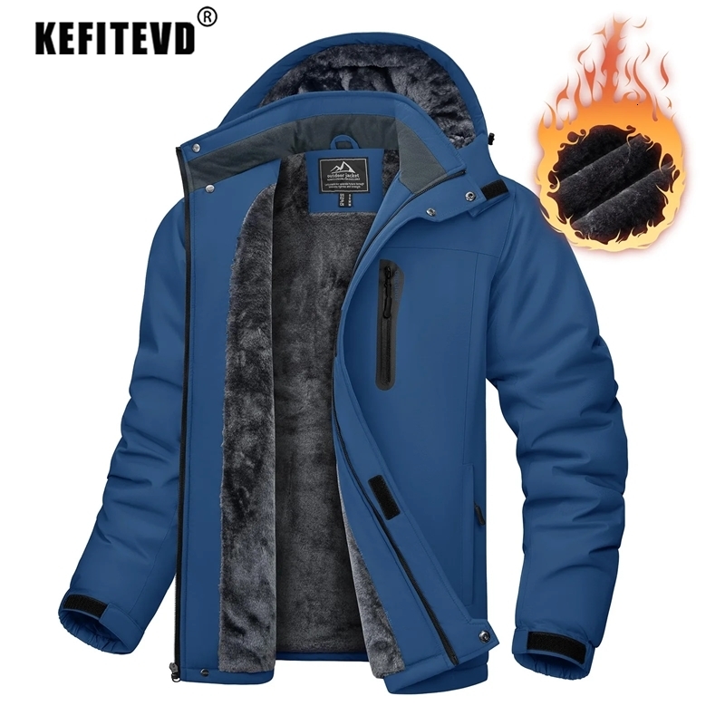 KEFITEVD Men's Ski Jackets Waterproof Fleece Lined Coats Winter Warm Thermal With Hood Jacket Hiking Camping Fishing Windbreaker 260922