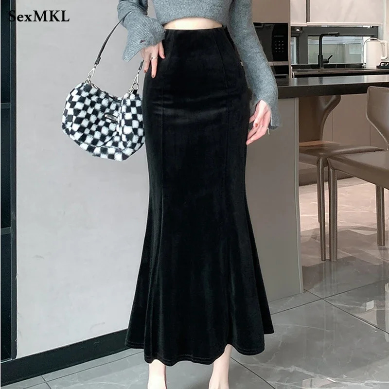 Elegant Velvet Black Long Skirts Women 2026 Casual High Waist Faldas Sexy Mujer Slim Korean Style Y2k Clothes Vintage Midi Skirt 260923