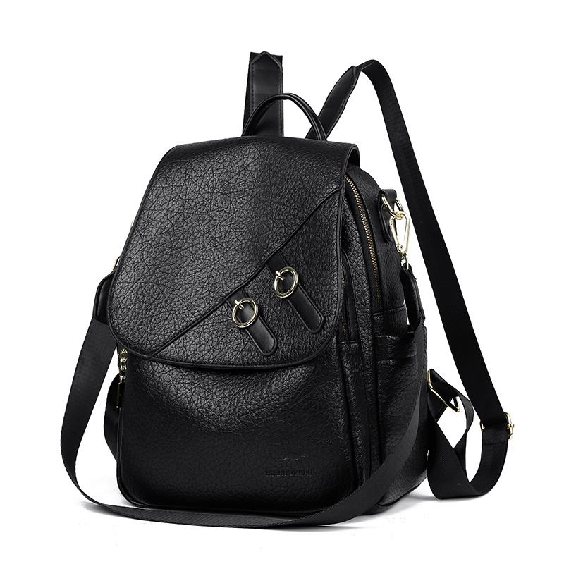 Women Black Soft Faux Leather Backpack Metal Ring Decor Flip Cover Convertible Shoulder Strap Large Capacity Travel Bag