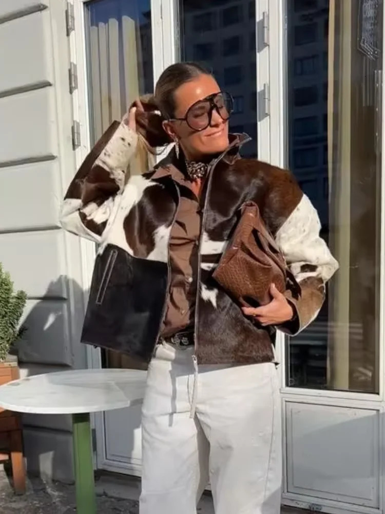 Printed Zipper Short Jacket Women Fashion Loose Pattern Full Sleeve Lapel Pockets Female Coats Autumn Street Lady Outerwear 260923