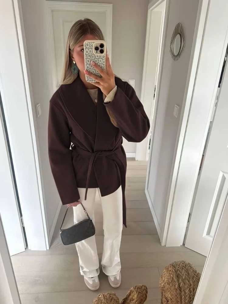 Women Casual Lace Up Woolen Coat Solid Lapel Long Slve Loose Pockets Cardigan Jacket Autumn Lady Daily Commute Outwear 2026 S2609235I6B