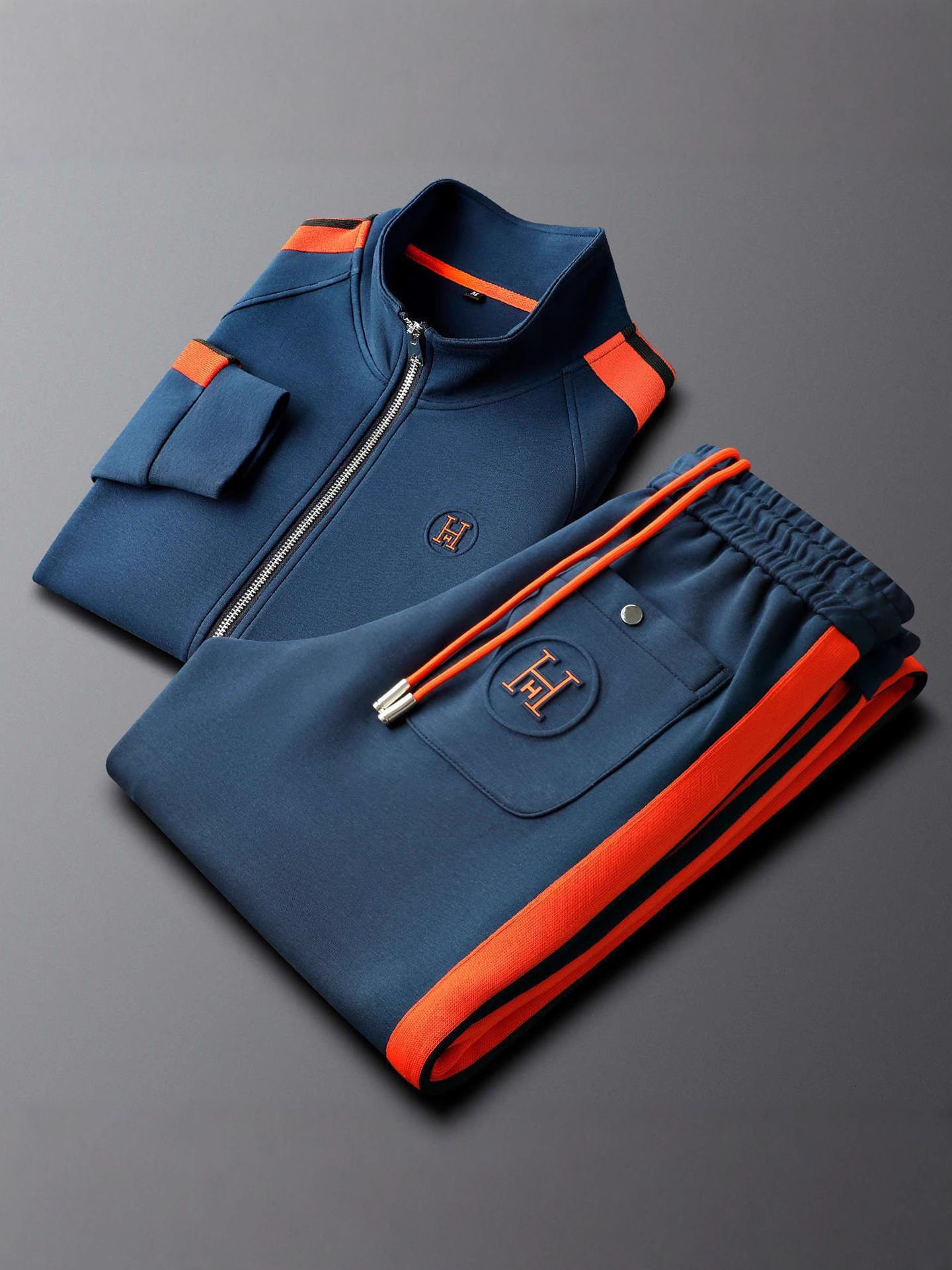 Luxury Spring and Autumn New Leisure Sports Set, Men's Fashion Stand up Collar Jacket and Pants, Multi functional Two piece Women's Stripe