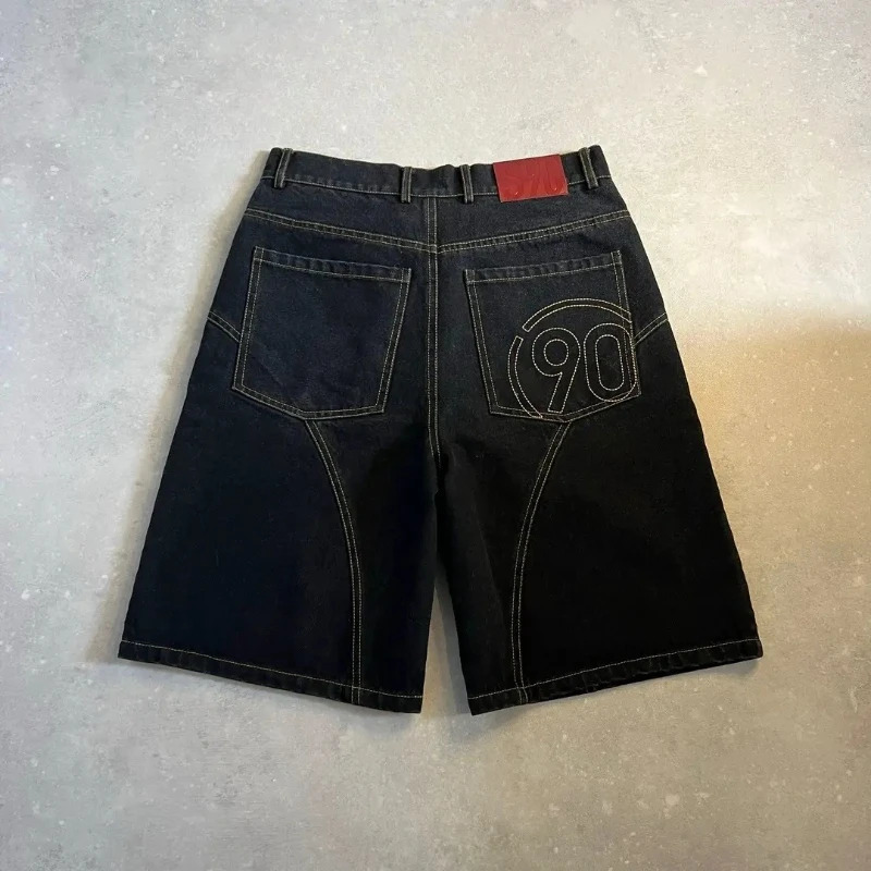 Y2K American Vintage Denim Shorts Embroidery Number 90 Pattern Bright Line Street Shorts Hip Hop Harajuku Unisex Wide Leg Pants 260921