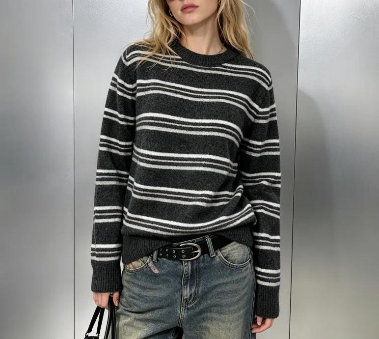 Women's Oversized Striped Knit Sweater Autumn Winter Casual Crewneck Pullover Vintage Style