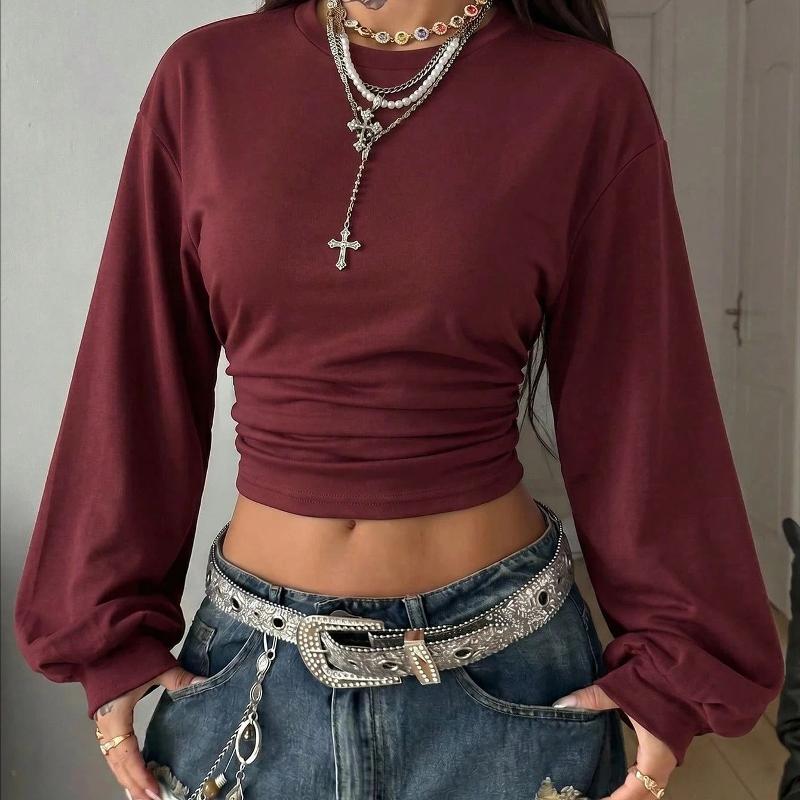 Pull court à manches longues pour femmes, coupe cintrée, col rond, couleur unie, dos froncé, mode tenue quotidienne, Tops basiques