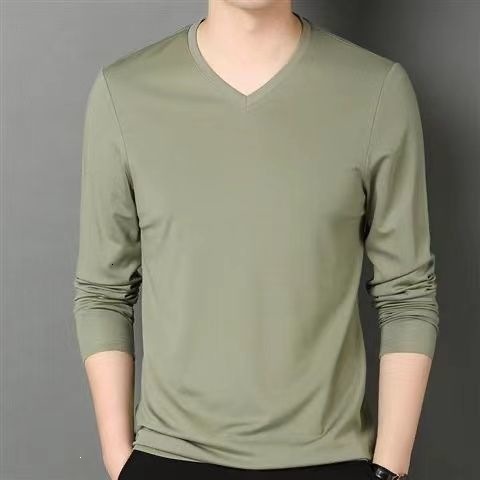 Men's long-sleeved V-neck T-shirt, black undershirt, suitable for spring autumn, thin and lightweight, solid color, trendy style