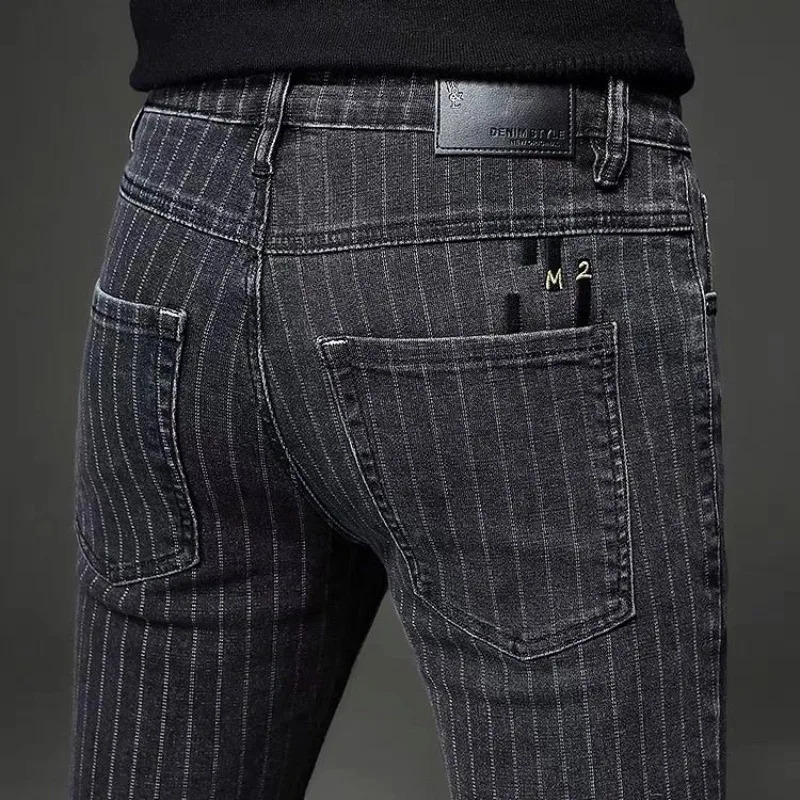 Men's Striped Slim Stylish Casual Pencil Pants Jeans Spring Autumn Korean Trendy Fashion Elastic Striped Long Trousers 260921