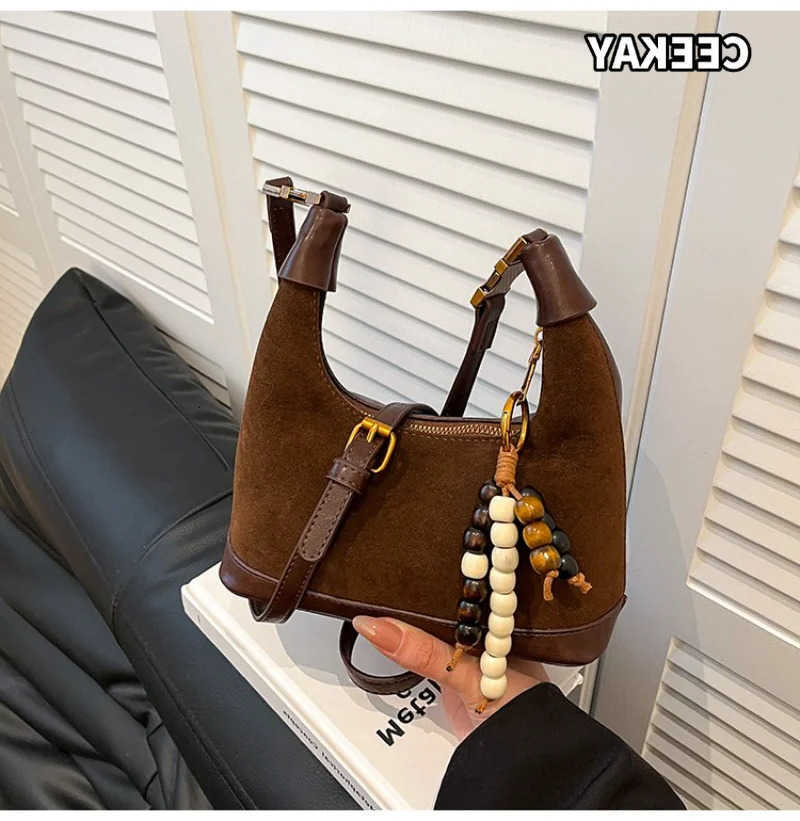 Cross Body CEEKAY Women's Handbag Dark Brown Suede Leather Small Top Handle Bag Bead Pendant Zipper Daily Commute Casual Vintage D260923