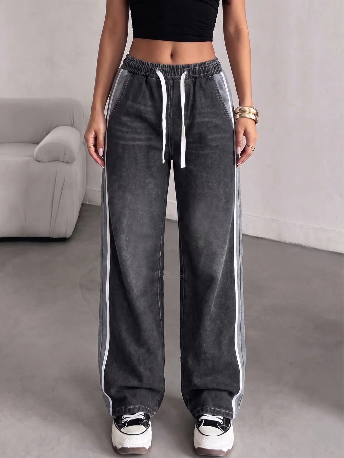 Women Vintage Washed Black Gray Wide Leg Jeans Elastic Drawstring Waist Side Stripe Patchwork Baggy Denim Pants Casual Streetwea 260922
