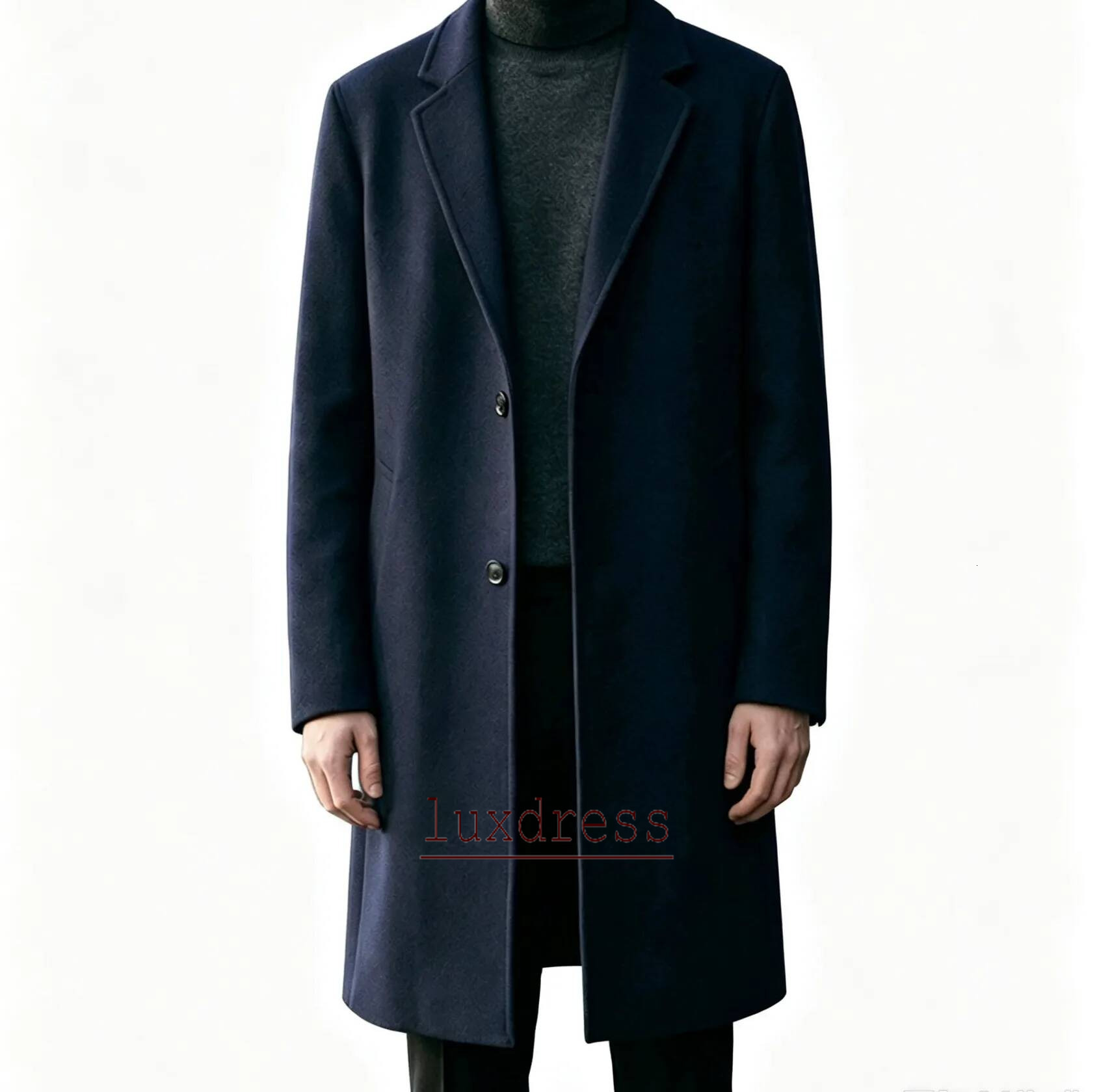 Classic Mens Wool Overcoat Single Breasted Notched Lapel Slim Straight Cut Smooth Solid Weave Clean Tailoring Mid Long Business Meeting Evening Dati