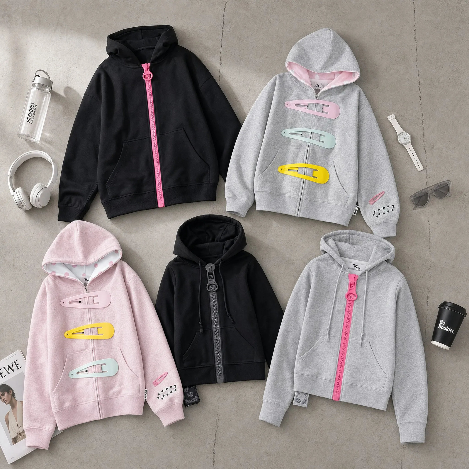 Womens Oversized Zip Up Hoodie Colorful Giant Hair Clip Barrette Pink Black Grey Long Sleeve Cropped Sweatshirt Hooded Jacket 260922