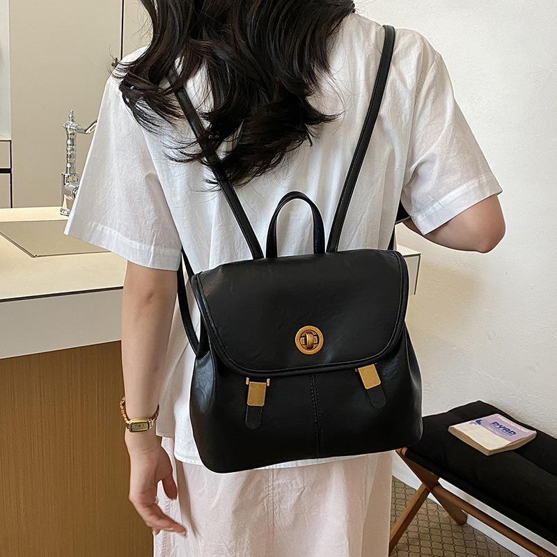 Women Soft Faux Leather Backpack Flip Cover Vintage Metal Turn Lock Casual Daily Travel Daypack With Top Handle