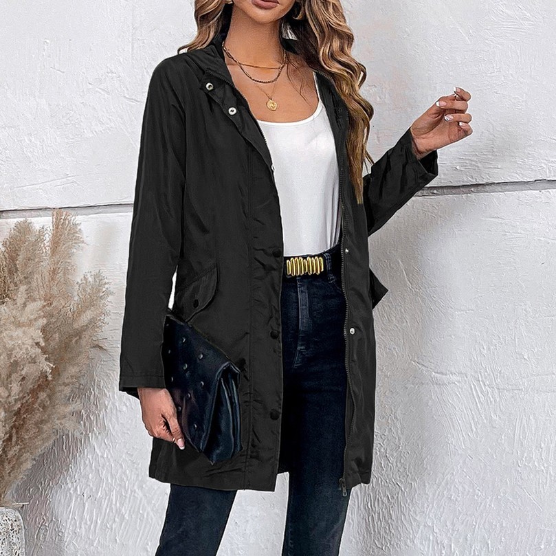 Office Lady Solid Color Zippers Jacket Womens Long Sleeve Hooded Outerwear Outdoor Windproof Nylon Windbreak Coats 260908