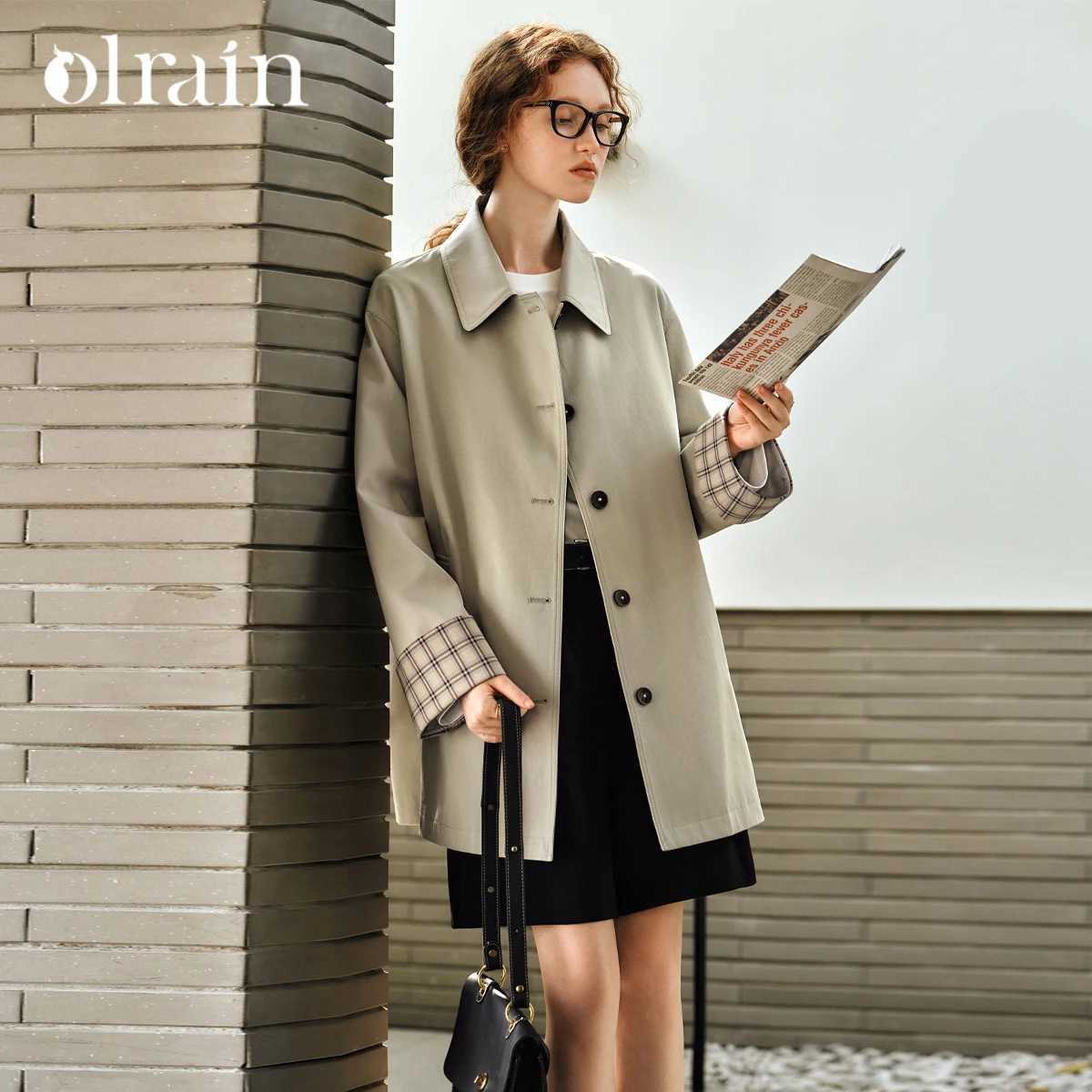 OLrain Women's Autumn Trench Coat 2026 Midi Office Lady Simple Loose Coat Patchwork Long Casual Solid Lapel Jackets GM57CF96319 M260922