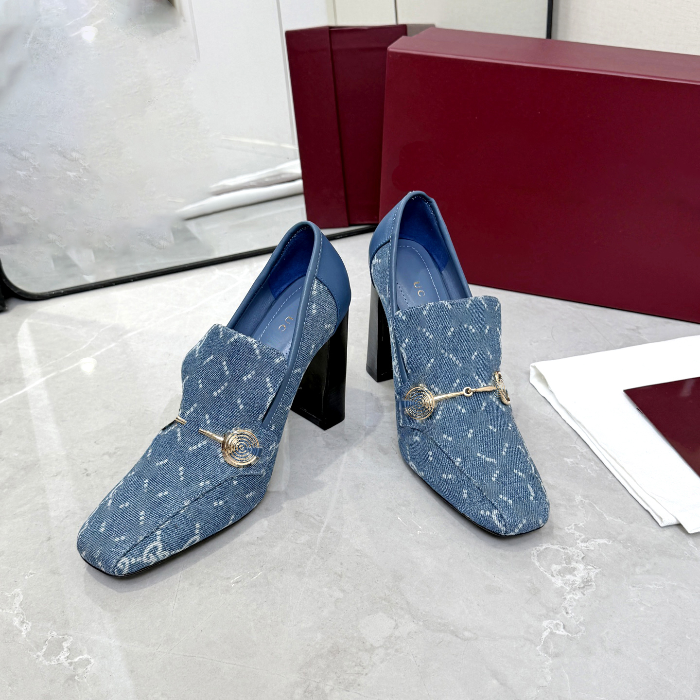 Denim Monogram Block Heel Loafers Square Toe Gold Buckle Luxury Elegant Slip On Pumps Womens Designer High Heel Shoes Work Party Fashion Stylish Bea