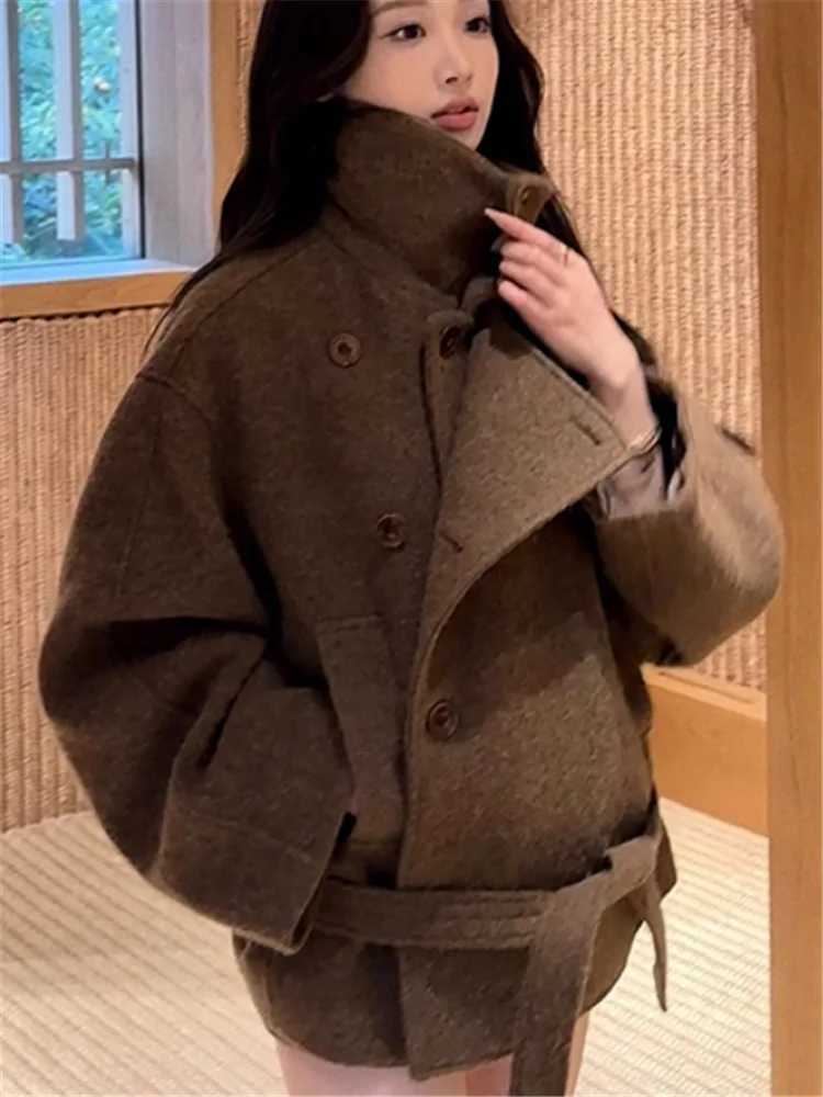 British Double-sided Coff Thick Woolen Coat New Fall Winter Women Stand Collar Belted Outwear Oversize Loose Casual Jacket S260923BBF6