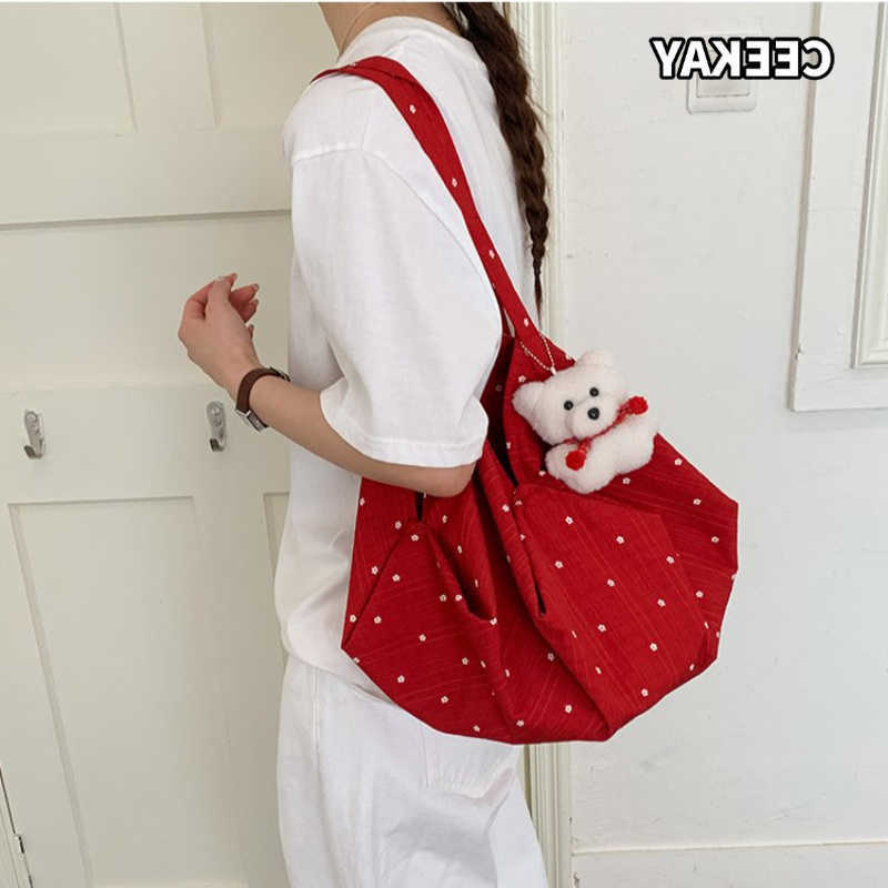 Cross Body CEEKAY Women's Tote Bag Red Polka Dot Canvas Large Shoulder Handbag Plush Bear Pendant Daily Casual Sweet Style D260923
