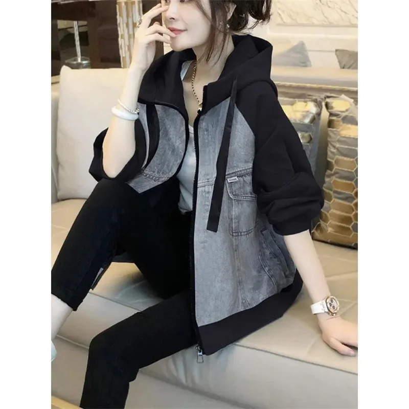 Black Denim Jacket Patchwork Hooded Coat For Women Baseball Jacket For Autumn And Winter 2026 Vintage Denim Outwear Female 260923