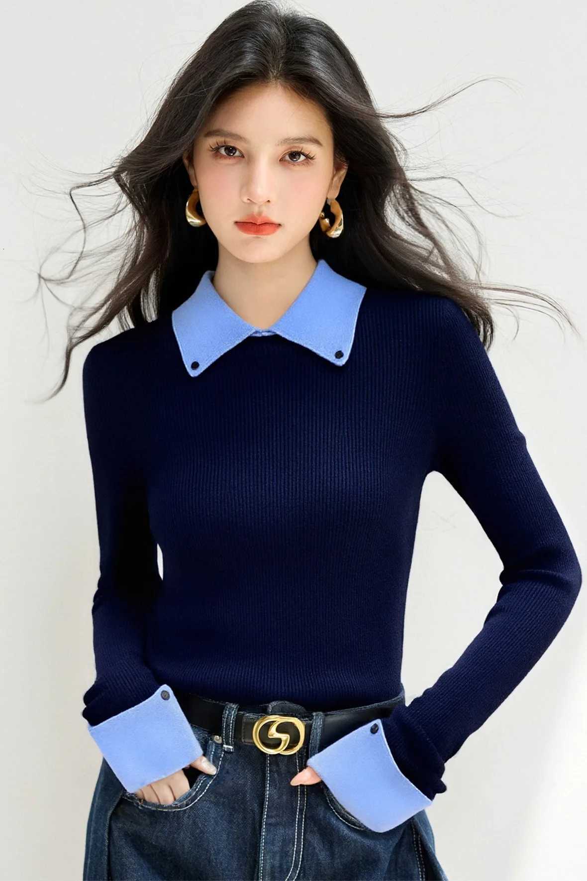 Women's Sweaters Fake Two Shirts Collar Sweater Women's Autumn Outfit New Lazy Linterior Contrasting Color Knit Sweater Top With Flip Coll