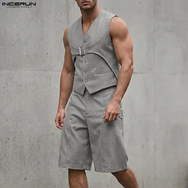 INCERUN Men's Sets Solid V Neck Sleeveless Vests Shorts Two Piece Streetwear Fashion Casual Men Matching Tracksuits 260911