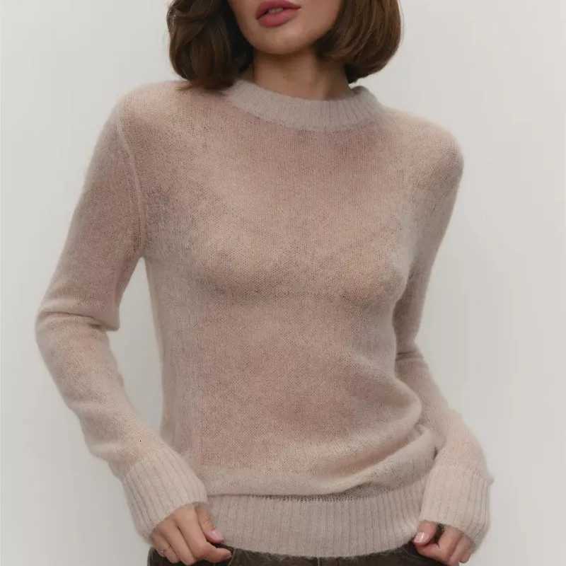 Women's Sweaters Classic Soft Semi Transparent Knitted Pullover New Spring Summer Loose Long sleeve Round Neck Sweater Casual Knit Female Top D