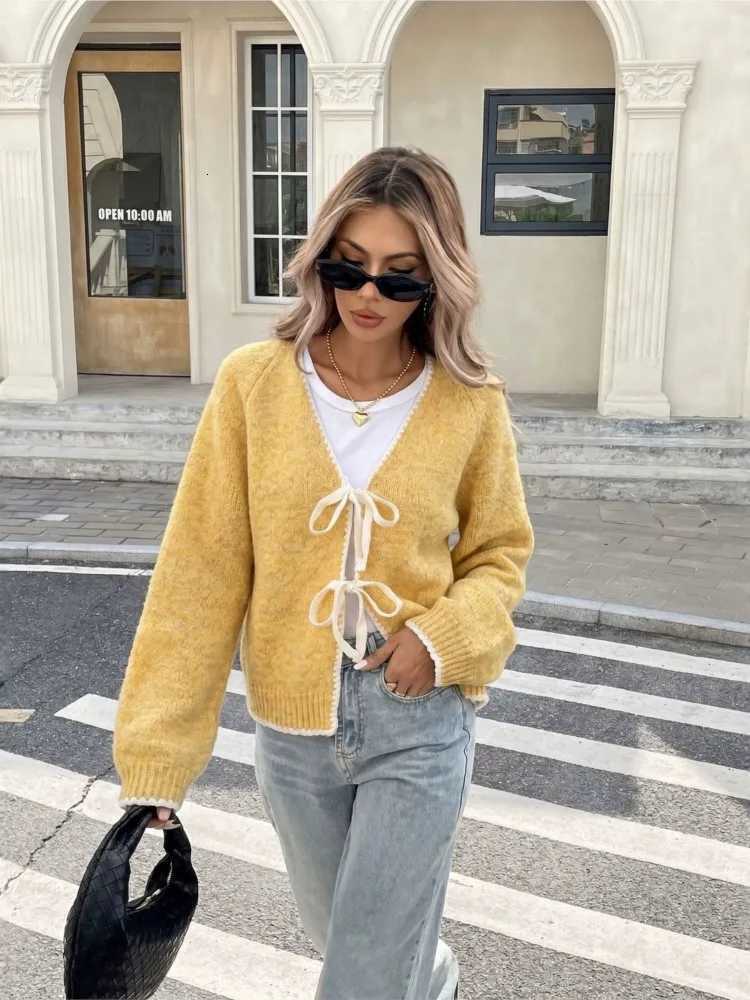Women's Sweaters New Women's Clothing Bow Tie Knitted Cardigan Loose All-match Contrast Color Sweater Jacket Simple Style Fashion Temperam