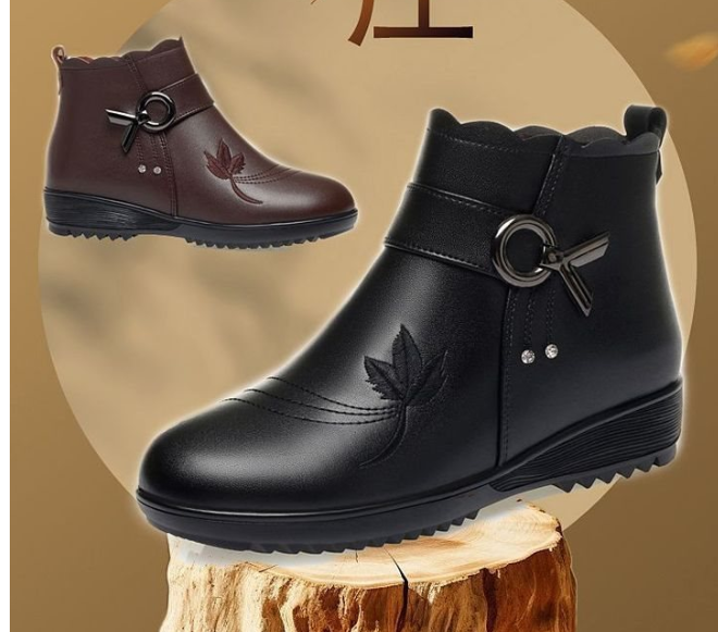 Women's Genuine Leather Winter Short Boots, Wool Lined Warm Flat Soft Sole Non Slip Casual Boots for Mature Ladies