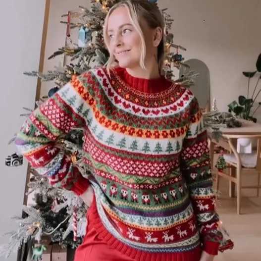 Women's Sweaters 2025 Autumn And Winter Women's Christmas Sweater Colorful retro Casual Knitted Half-height Crew Neck Pullover Print Shirt