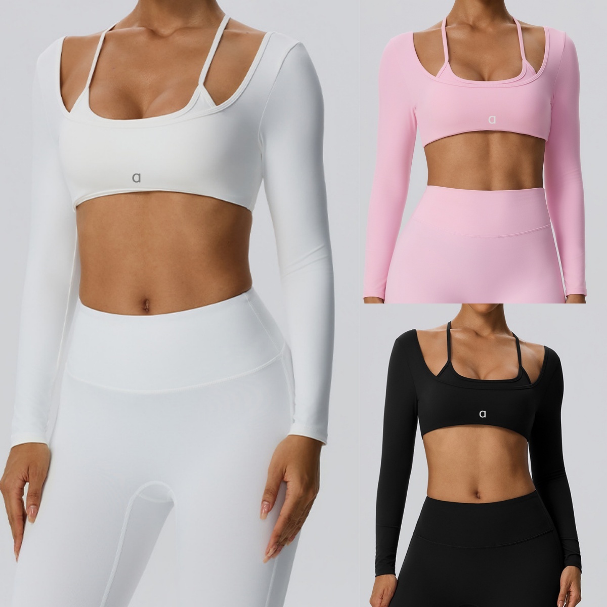 A3005 Women Fashion Yoga T-shirt Running Fitness Long Sleeve Fake Two Sexy Back Shirts or Fashion High Waist Yoga Pants Leggings Quick-drying Sports