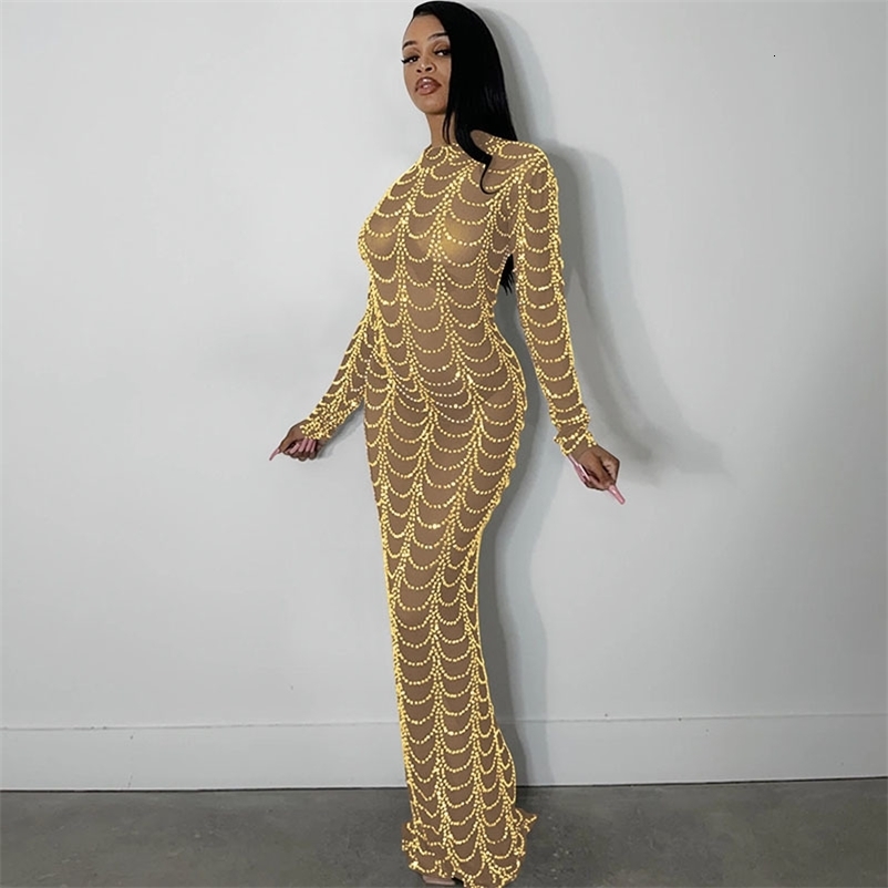 Sparkly Crystal Rhinestone Bodycon Maxi Dress Women Wedding Evening Long Sleeve Mesh See Through Night Party Club Birthday Dress 260922