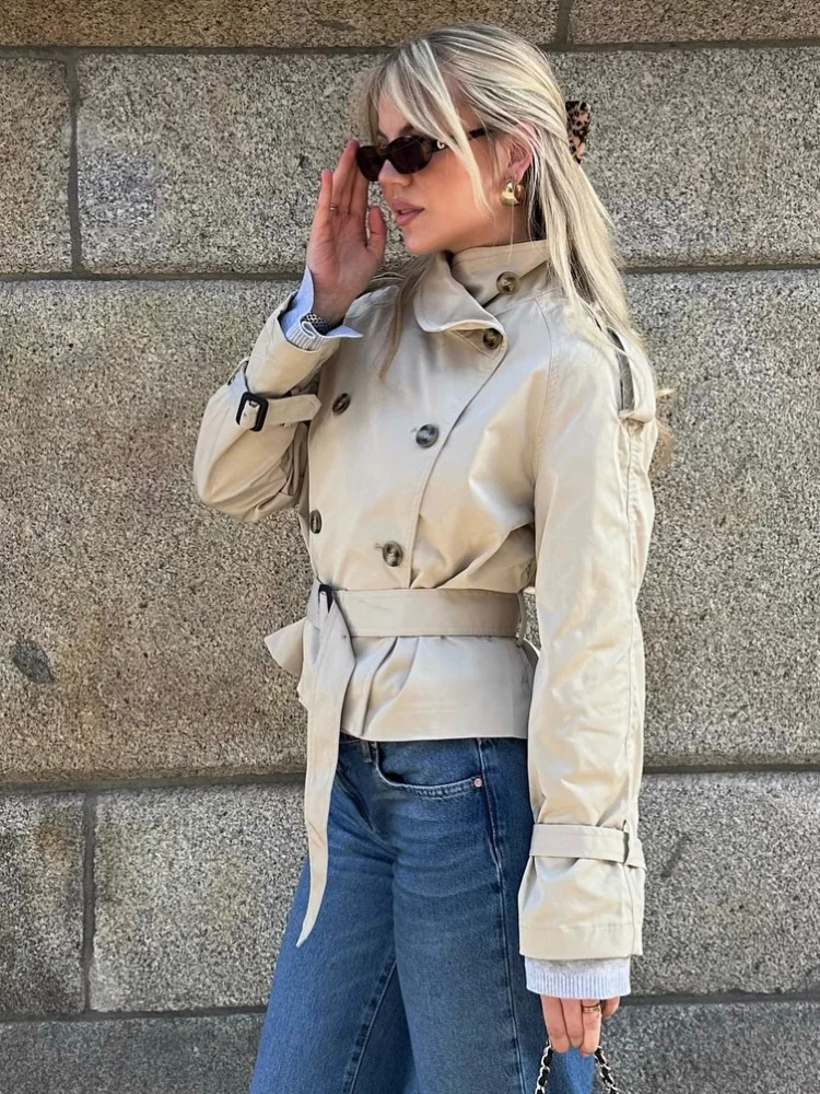 Spring Double Breasted Trench Coat With Belts Women Elegant Stand Collar Long Sleeve Jacket Office Lady Windbreaker Street Tops 260920