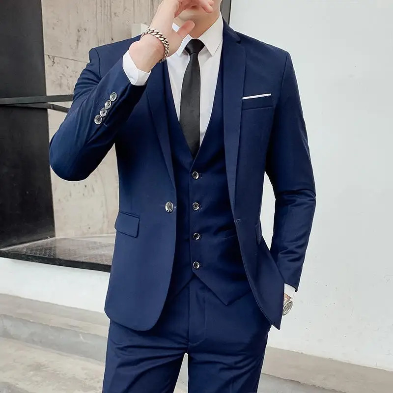 High-End Solid Color Formal Business Office Suit Blazer Vest Pants Three-Piece Set for Groom Wedding Show Dress Party 260920
