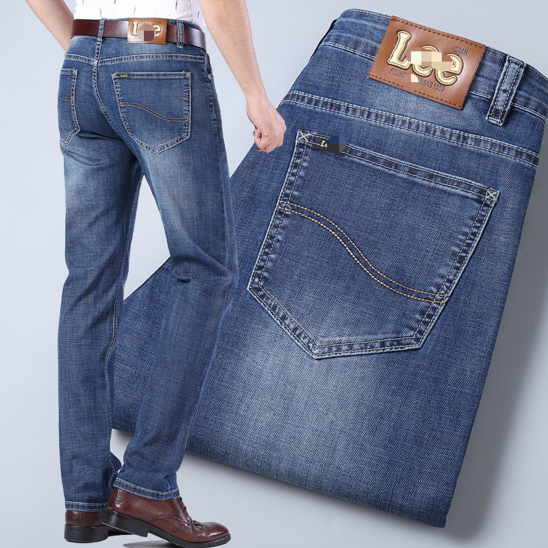 Men's straight-leg, loose-fit, stretchy, business casual, thick, high-end denim pants for autumn and winter