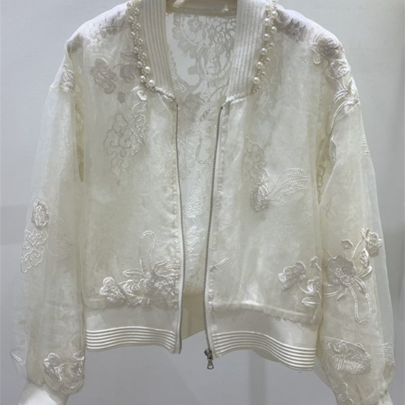 Womens Pearl-Embroidered Beaded Sun Protection Jacket Round Neck Baseball Style Summer Lightweight Sheer Boho y Coat 260922