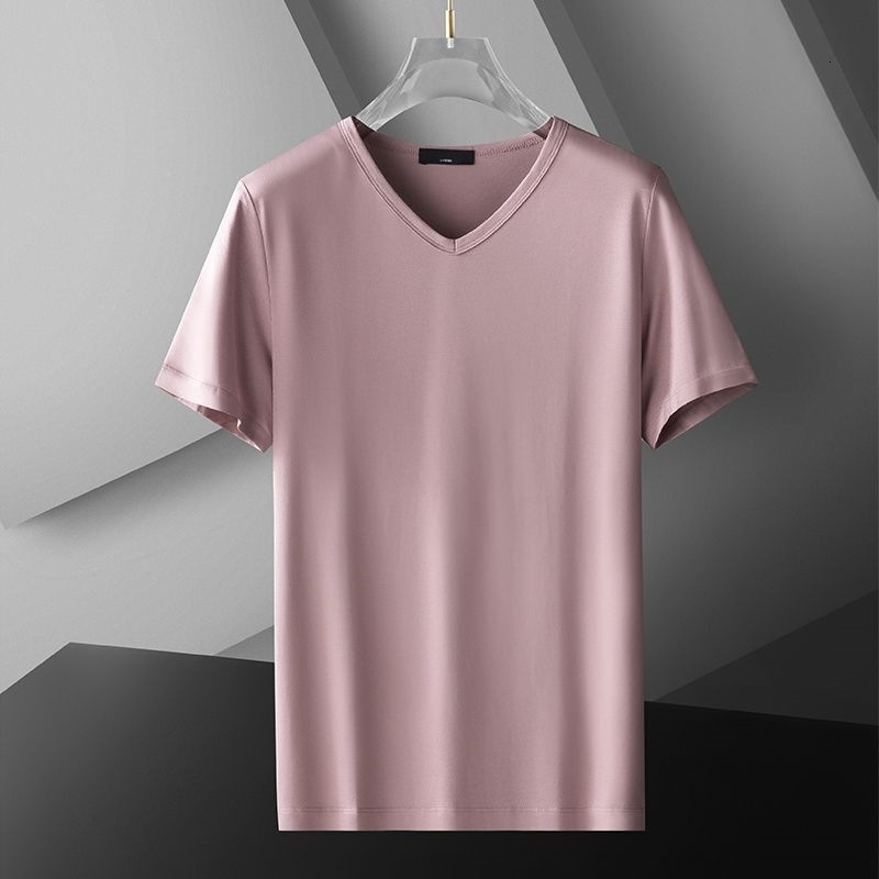 2023 New Summer Solid Color Short Sleeve T-Shirt for Men, Ice Feel, Breathable, Thin, Casual V-Neck, Cool Base Shirt, Top Clothing