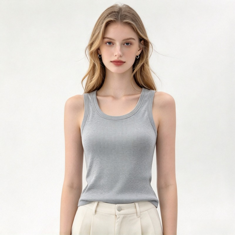 High quality sleeveless slim fit elastic wet vest T-shirt, summer daily wear, ribbed U-neck sleeveless knitted sports vest, women's casual inne