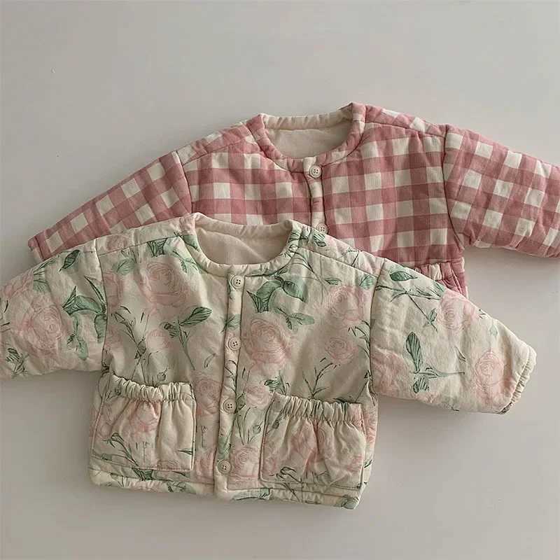Clothing Sets Korean Kids Boutique Clothing Down Jacket Coat 2023 Autumn Winter New Floral Printed Fashion Plaid O-neck Cotton Coat Warm Cute X26092