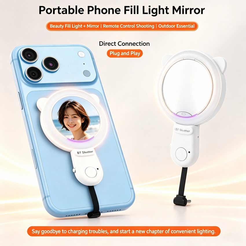 Miroir de selfie d'oreille de chat de dessin animé, miroir de selfie de caméra arrière, lumière de remplissage LED de maquillage portable avec té