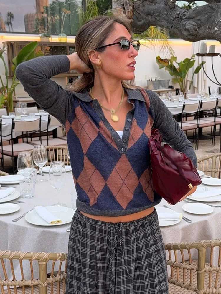 Women's Sweaters HH Women's Fashion Autumn Knitted Tops Argyle Turn-Down Collar Long sleeves Single Breasted Female Casual Chic Pullovers