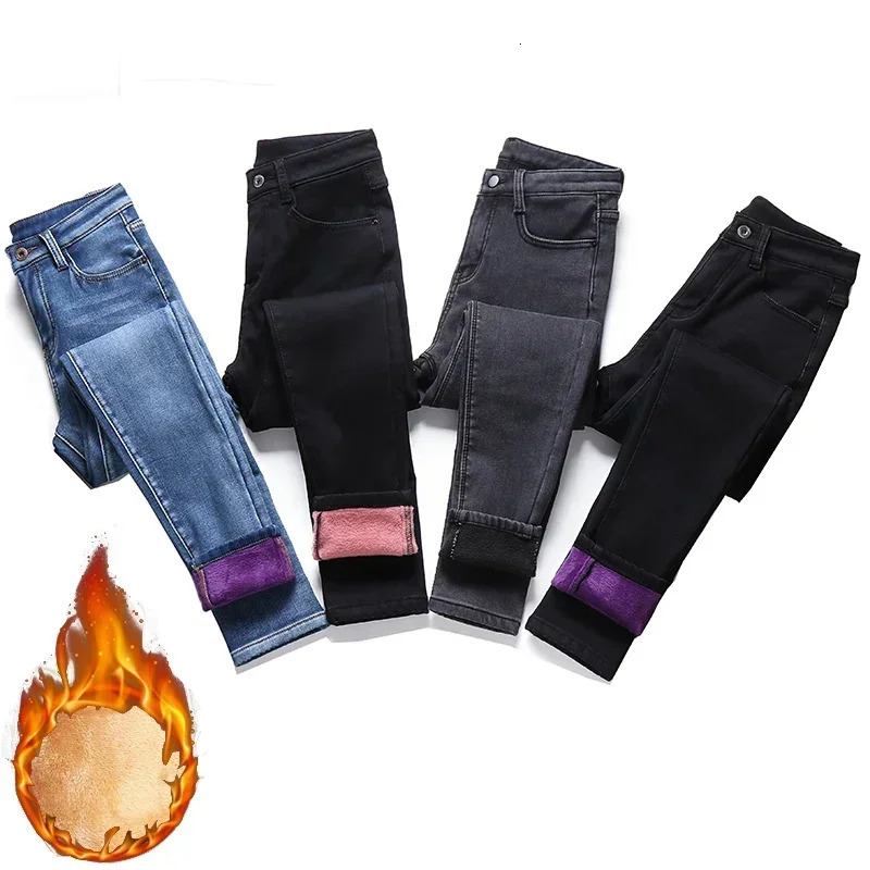 Women Thermal Skinny Jeans Mom Winter Warm Plush Stretch Jeans Lady Fleece Snow Denim Pants Student Pencil Straight Leg Trousers 260923