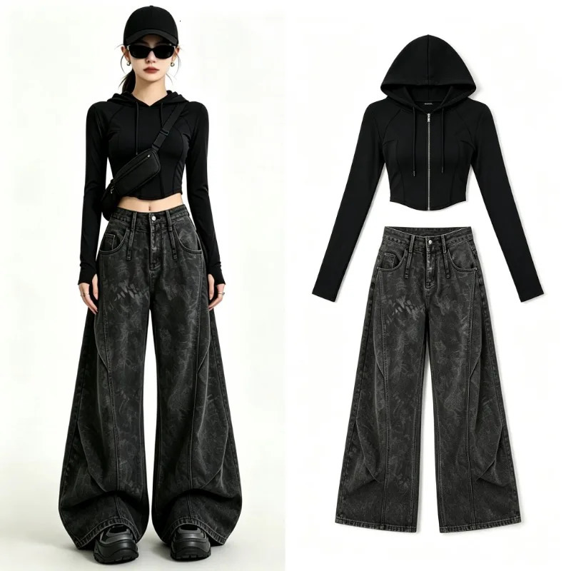 Black Gray Vintage Wide Leg Floor Jeans High Waist Split n Draped Loose Women American Street Casual Denim Pants 260922