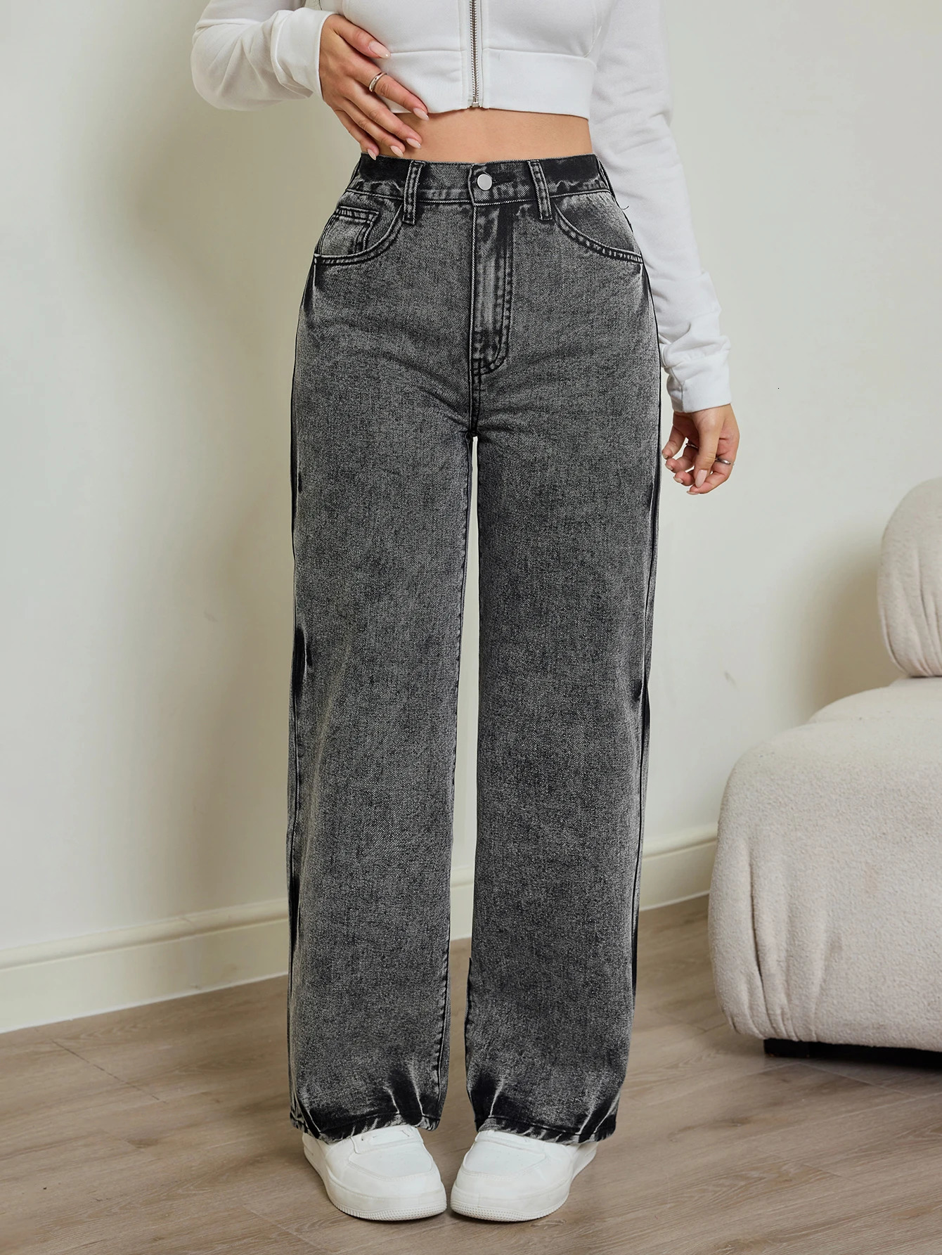 Jeans da donna autunnali Jeans dritti a vita alta con lavaggio in contrasto tie-dye elastico in vita 260922