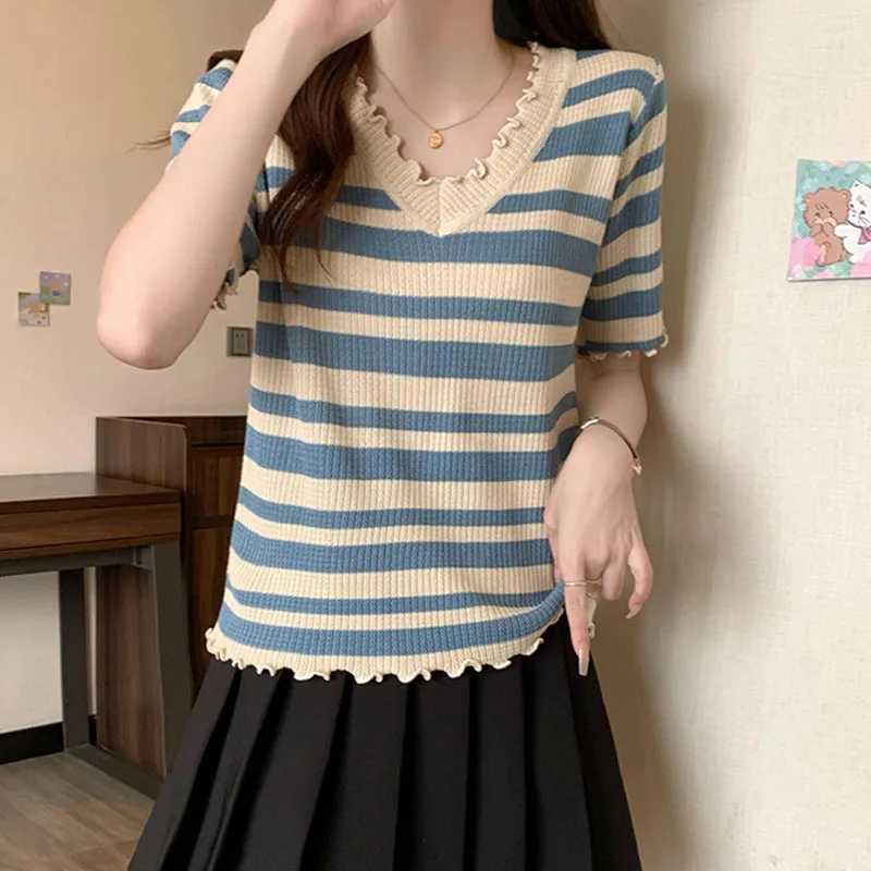 Women's Sweaters Knitted Sweater Women Pullovers Knitwears Short Sleeve Striped Knitwears Knit Sweater Pullover Women Tops V-Neck Sweaters Q271