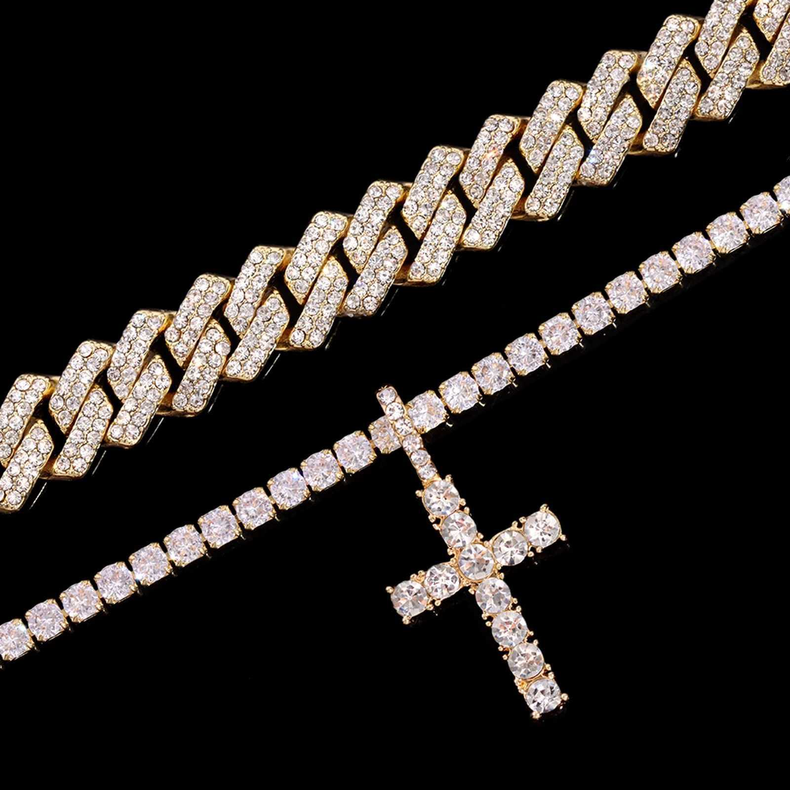 2Pcs Golden Cross Necklace Chains Prong Cuban Link Chain for Wen Men d Out Fl Rhinestone 14MM Hiphop Cuban Necklace Set Jewelry N260922