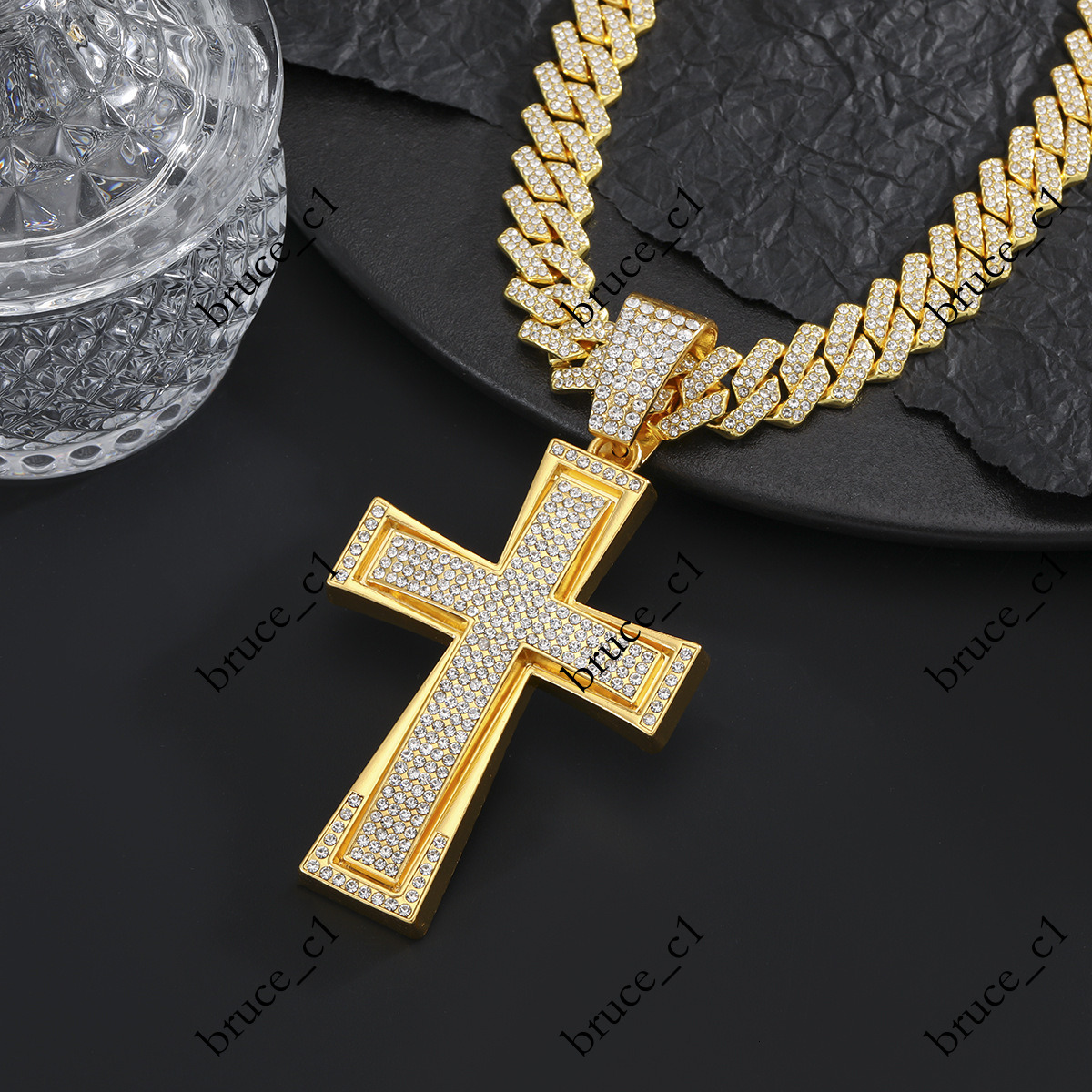 New European and American Style Hip-Hop Full Diamond Domineering Cross Cuban Necklace Street Personality Trendy Accessories Pendant