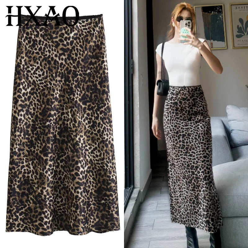 HXAO Womens Skirt Leopard Bow Satin Summer Vintage High Waist Wrap Long Skirts For Women Elegant Street 260923