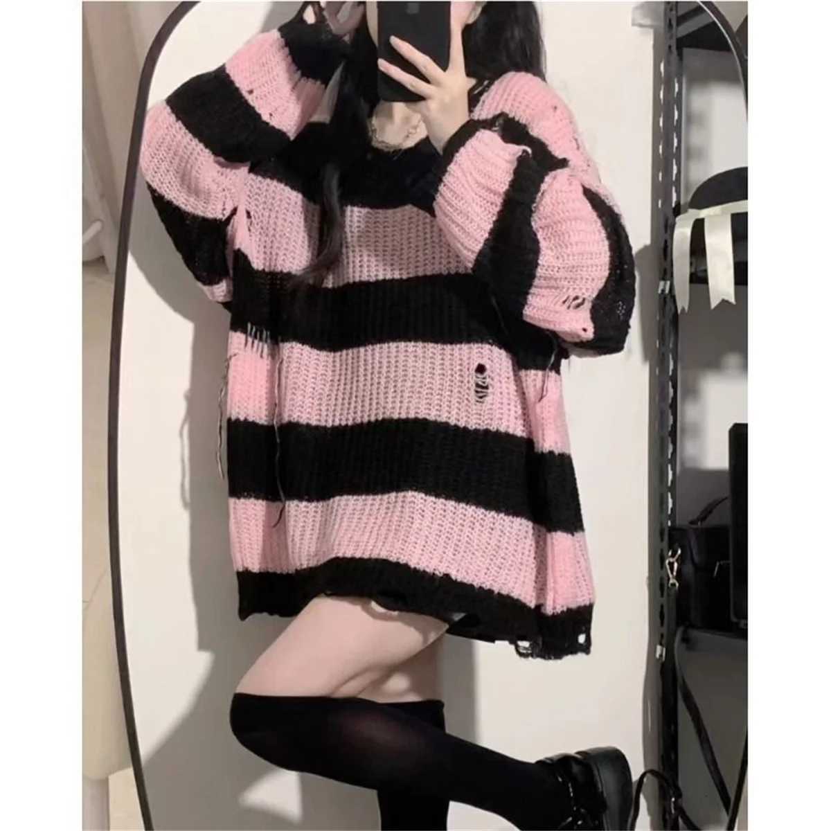 Women's Sweaters Spring Autumn New Black Pink Sweater Women's Spring and Autumn Medium Long Loose Lazy Style Striped Knitted Sweater Top H
