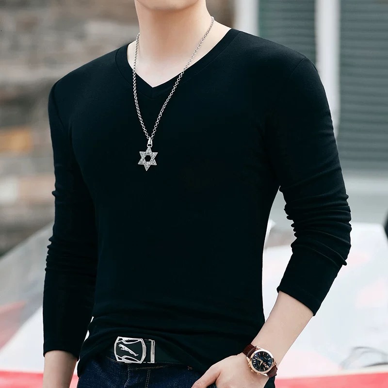 Men's V-neck slim-fit undershirt, plus-size top, thin solid-color long-sleeve T-shirt, trendy autumn wear